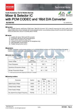 BD7861KN-E2 datasheet - Mixer & Selector IC with PCM CODEC and 16bit D/A Converter