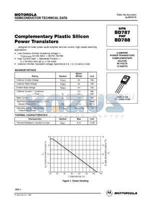 BD788 datasheet - Complementary Plastic Silicon Power Transistors