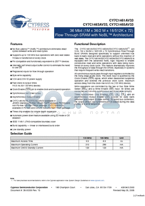 CY7C1461AV33-133BZC datasheet - 36 Mbit (1M x 36/2 M x 18/512K x 72) Flow-Through SRAM with NoBL Architecture