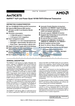 AM79C875 datasheet - NetPHY 4LP Low Power Quad 10/100-TX/FX Ethernet Transceiver