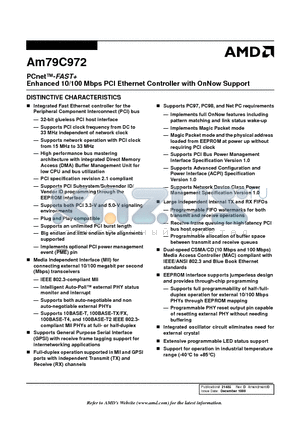 AM79C972 datasheet - PCnet-FAST Enhanced 10/100 Mbps PCI Ethernet Controller with OnNow Support