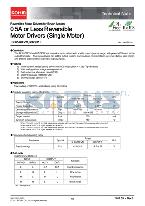 BD7931F datasheet - 0.5A or Less Reversible Motor Drivers (Single Moter)