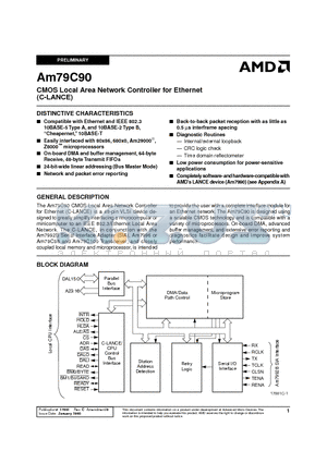 AM79C90JC datasheet - CMOS Local Area Network Controller for Ethernet (C-LANCE)