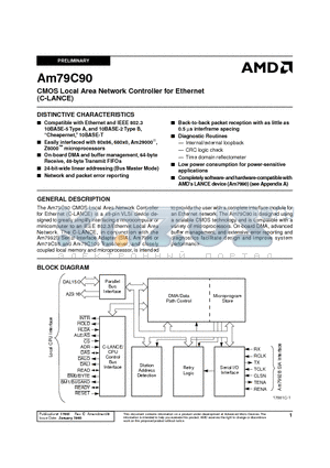 AM79C90PC datasheet - CMOS Local Area Network Controller for Ethernet (C-LANCE)