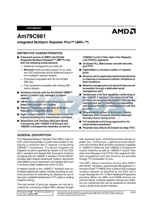 AM79C981JC datasheet - Integrated Multiport Repeater Plus (IMR)
