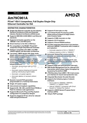 AM79C961AKCW datasheet - PCnet -ISA II Jumperless, Full Duplex Single-Chip Ethernet Controller for ISA