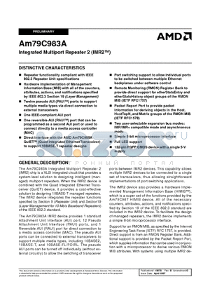 AM79C983A datasheet - Integrated Multiport Repeater 2 (IMR2)