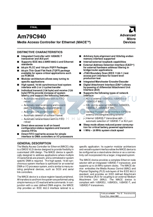 AM79C940VCW datasheet - Media Access Controller for Ethernet (MACE)
