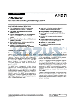 AM79C989JCT datasheet - Quad Ethernet Switching Transceiver (QuEST)
