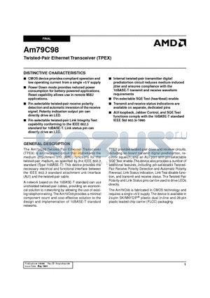 AM79C98JC datasheet - Twisted-Pair Ethernet Transceiver (TPEX)