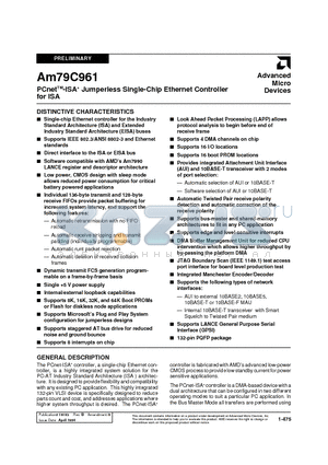 AM79C961KC datasheet - PCnetTM-ISA Jumperless Single-Chip Ethernet Controller for ISA