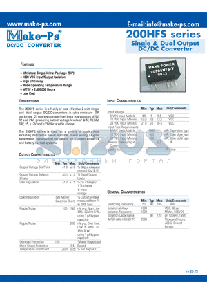 200HFS datasheet - Single & Dual Output DC/DC Converter