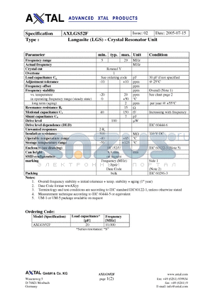 AXLGS52F datasheet - Langasite (LGS) - Crystal Resonator Unit