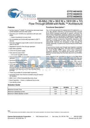 CY7C1463AV33-100BZXI datasheet - 36-Mbit (1M x 36/2 M x 18/512K x 72) Flow-Through SRAM with NoBL Architecture