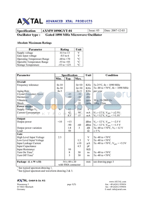 AXMW1090GYT-01 datasheet - Gated 1090 MHz Microwave Oscillator