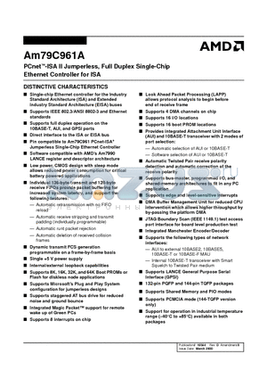 AM79C961AKI datasheet - PCnet-ISA II Jumperless, Full Duplex Single-Chip Ethernet Controller for ISA