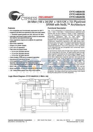 CY7C1464AV25 datasheet - 36-Mbit (1M x 36/2M x 18/512K x 72) Pipelined SRAM with NoBL Architecture