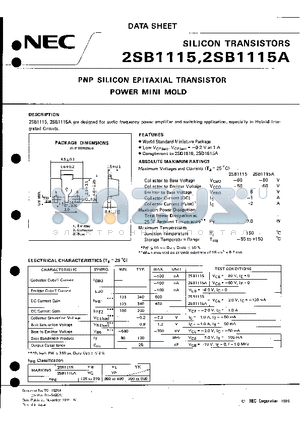 2SB1115 datasheet - PNP SILICON EPITAXIAL TRANSISTOR POWER MINI MOLD
