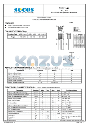 2SB1116A datasheet - PNP Plastic Encapsulated Transistor