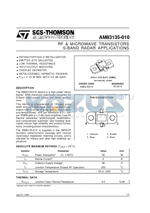 AM83135-010 datasheet - RF & MICROWAVE TRANSISTORS S-BAND RADAR APPLICATIONS