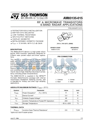 AM83135-015 datasheet - RF & MICROWAVE TRANSISTORS S-BAND RADAR APPLICATIONS
