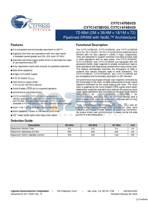 CY7C1470BV25-250AXI datasheet - 72-Mbit (2M x 36/4M x 18/1M x 72) Pipelined SRAM with NoBL Architecture