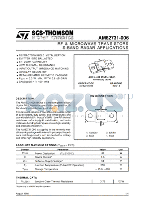 AM82731-006 datasheet - RF & MICROWAVE TRANSISTORS S-BAND RADAR APPLICATIONS