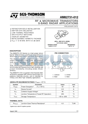 AM82731-012 datasheet - RF & MICROWAVE TRANSISTORS S-BAND RADAR APPLICATIONS