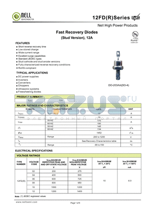 12FDR08A datasheet - Fast Recovery Diodes (Stud Version), 12A
