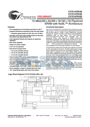CY7C1470V25-167BZC datasheet - 72-Mbit(2M x 36/4M x 18/1M x 72) Pipelined SRAM with NoBL Architecture