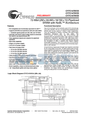 CY7C1470V33 datasheet - 72-Mbit (2M x 36/4M x 18/1M x 72) Pipelined SRAM with NoBL  Architecture