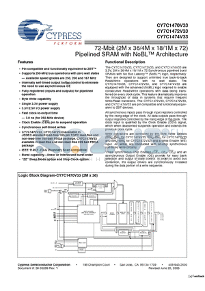 CY7C1470V33-200AXI datasheet - 72-Mbit (2M x 36/4M x 18/1M x 72) Pipelined SRAM with NoBL Architecture