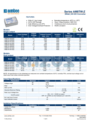 AM8TW-2412DZ datasheet - 8Watt | DC-DC Converter