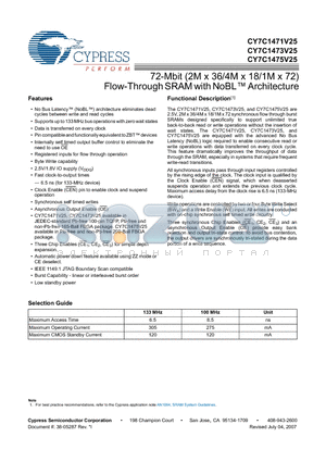 CY7C1471V25-100AXC datasheet - 72-Mbit (2M x 36/4M x 18/1M x 72) Flow-Through SRAM with NoBL Architecture