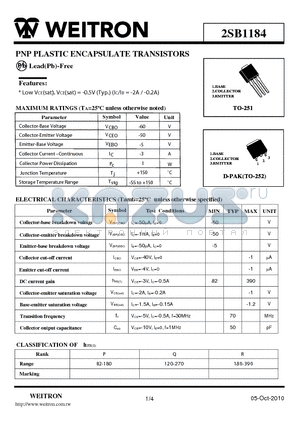 2SB1184 datasheet - PNP PLASTIC ENCAPSULATE TRANSISTORS