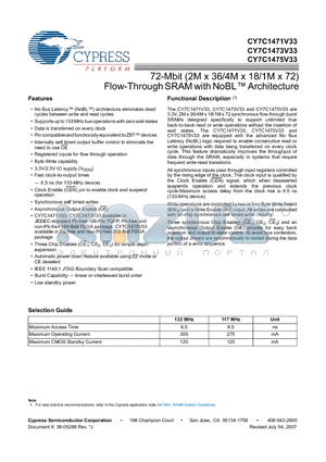 CY7C1471V33-133BZI datasheet - 72-Mbit (2M x 36/4M x 18/1M x 72) Flow-Through SRAM with NoBL Architecture