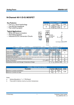 AM90N04-03P datasheet - N-Channel 40-V (D-S) MOSFET