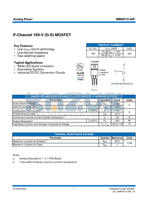 AM90P15-30P datasheet - P-Channel 150-V (D-S) MOSFET