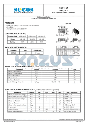2SB1197 datasheet - PNP Epitaxial Planar Transistor