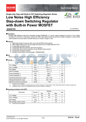BD8961NV-E2 datasheet - Low Noise High Efficiency Step-down Switching Regulator with Built-in Power MOSFET