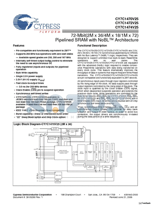 CY7C1474V25-200BGXI datasheet - 72-Mbit(2M x 36/4M x 18/1M x 72) Pipelined SRAM with NoBL Architecture