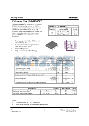 AM9435P datasheet - P-Channel 30-V (D-S) MOSFET