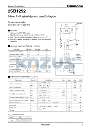 2SB1252 datasheet - Silicon PNP epitaxial planar type Darlington(For power amplification)