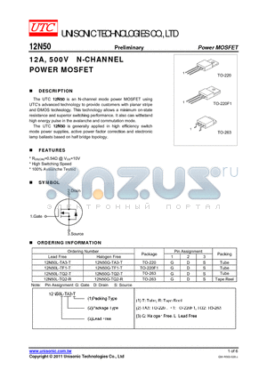 12N50G-TA3-T datasheet - 12A, 500V N-CHANNEL POWER MOSFET