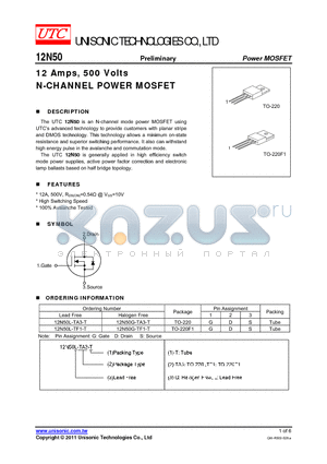 12N50G-TF1-T datasheet - 12 Amps, 500 Volts N-CHANNEL POWER MOSFET