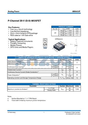 AMA423P datasheet - P-Channel 20-V (D-S) MOSFET