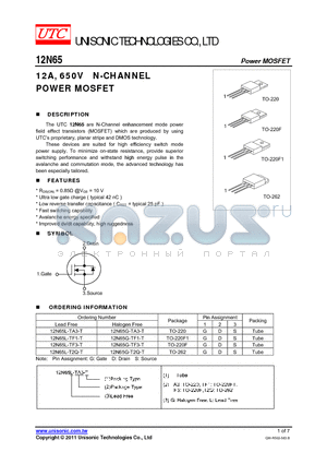 12N65L-TF1-T datasheet - 12A, 650V N-CHANNEL POWER MOSFET
