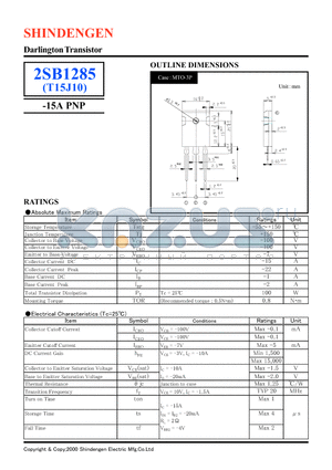 2SB1285 datasheet - Darlington Transistor(-15A PNP)