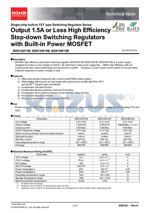 BD9102FVM datasheet - Output 1.5A or Less High Efficiency Step-down Switching Regulators with Built-in Power MOSFET