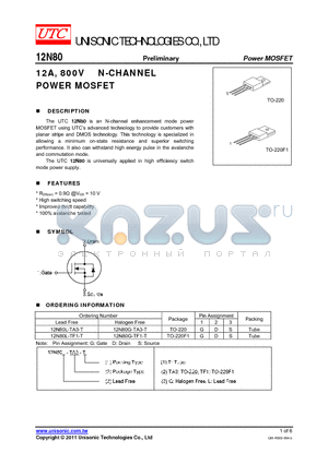 12N80 datasheet - 12A, 800V N-CHANNEL POWER MOSFET